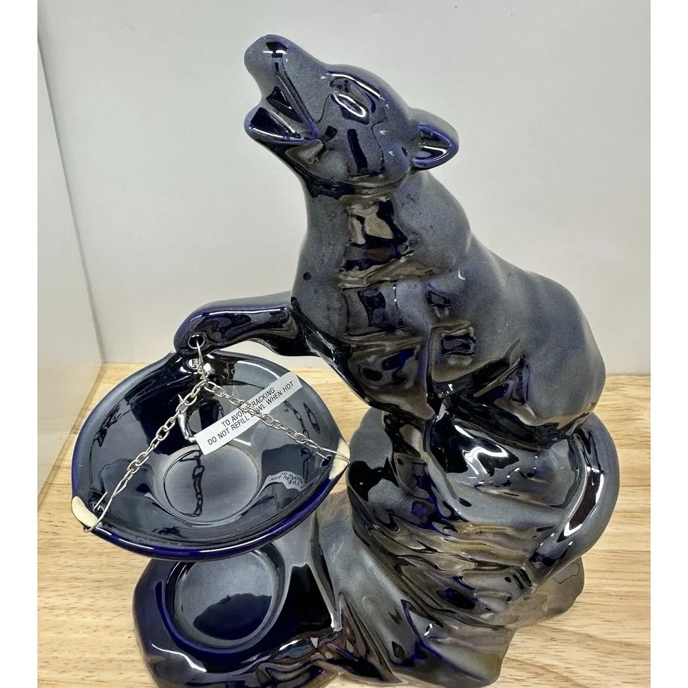 Ceramic Howling Wolf Metallic Iridescent Cobalt Blue Poland Candle Oil Warmer